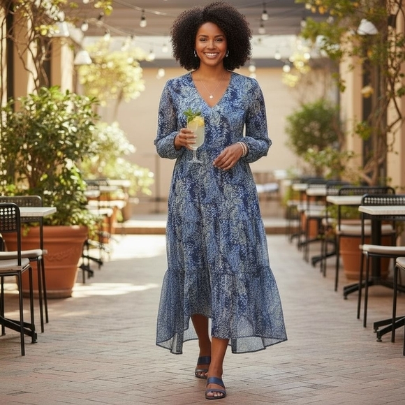 Joie Parisian Paisley Boho Chic Long Sleeve Maxi Dress Blue High Low Hem Lined - Picture 1 of 17